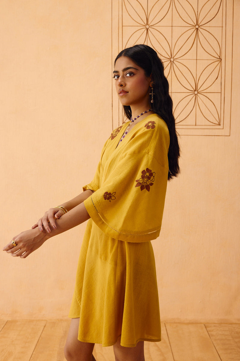 Glowing Garden Handspun Handwoven Organic Cotton Wrap Dress organic cotton dress by SUI in mustard for women Worldwide