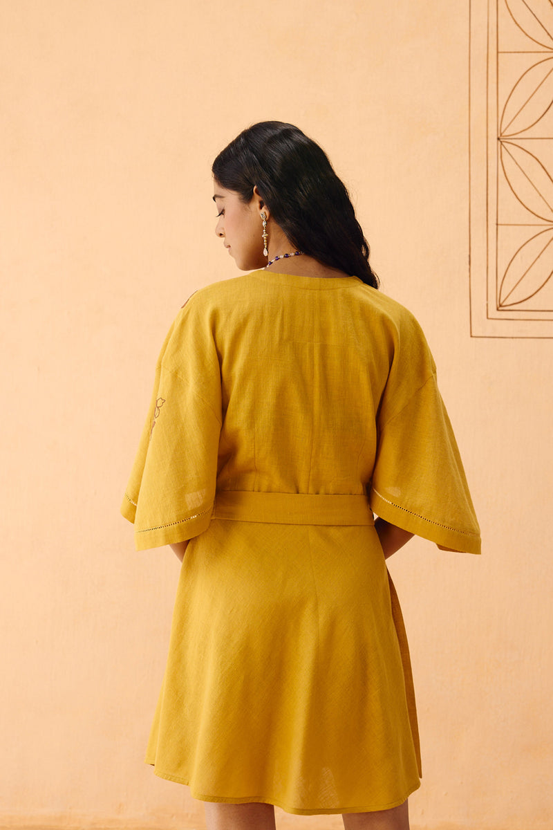 Glowing Garden Handspun Handwoven Organic Cotton Wrap Dress organic cotton dress by SUI in mustard for women Worldwide