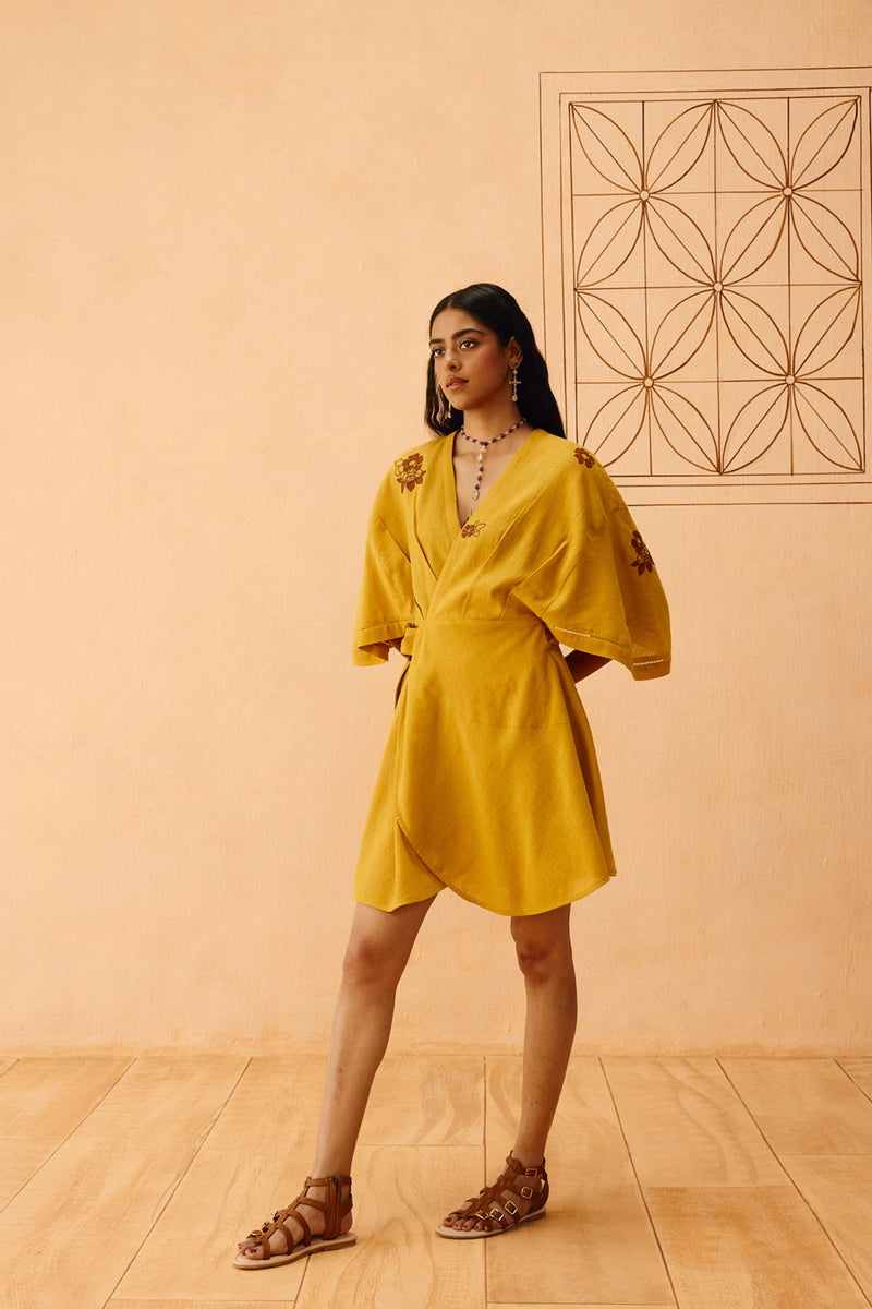 Glowing Garden Handspun Handwoven Organic Cotton Wrap Dress organic cotton dress by SUI in mustard for women Worldwide