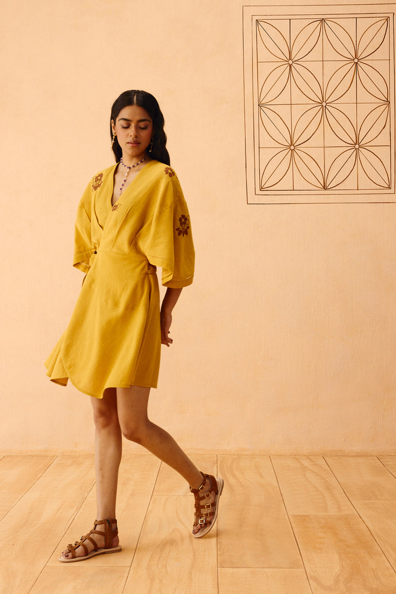 Glowing Garden Handspun Handwoven Organic Cotton Wrap Dress organic cotton dress by SUI in mustard for women Worldwide