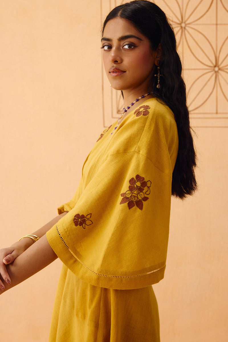 Glowing Garden Handspun Handwoven Organic Cotton Wrap Dress organic cotton dress by SUI in mustard for women Worldwide