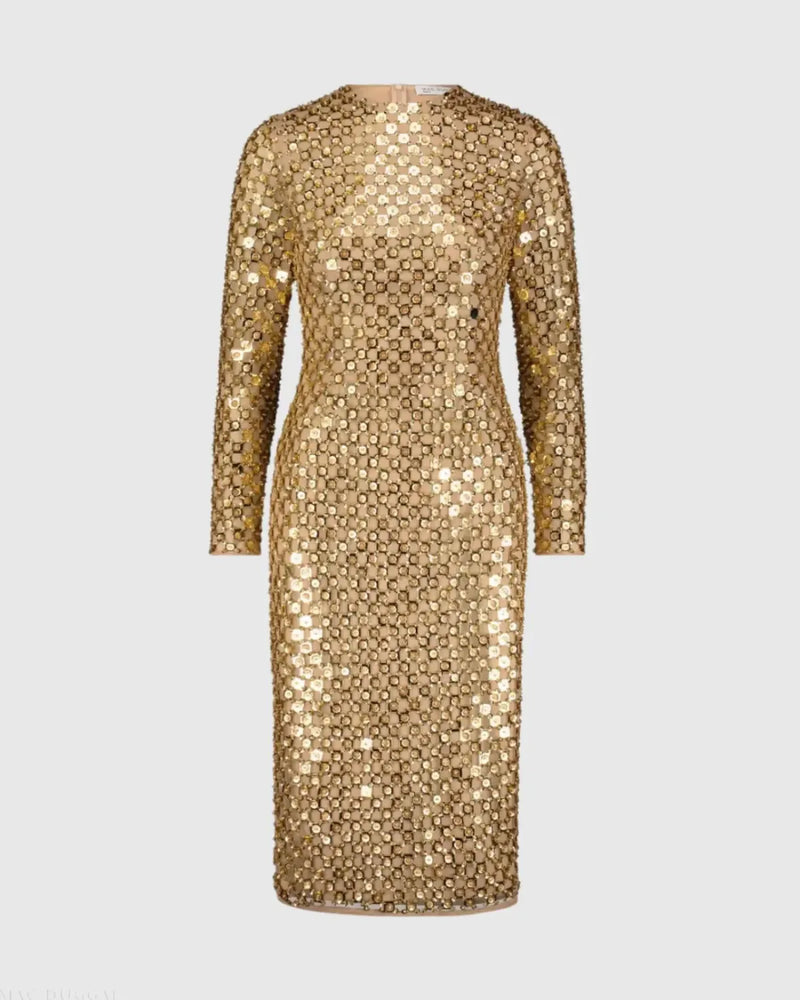 Gold Beaded Georgette Long Sleeve Fitted Midi Dress by Mac Duggal in gold color for women Worldwide