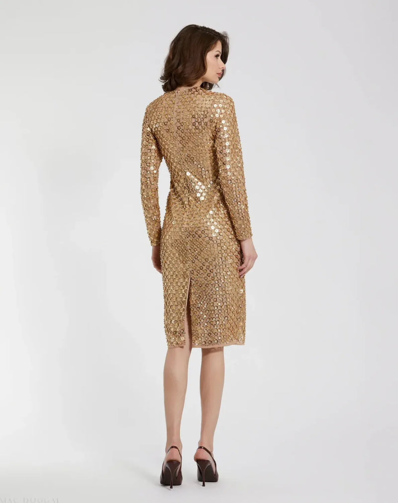 Gold Beaded Georgette Long Sleeve Fitted Midi Dress by Mac Duggal in gold color for women Worldwide