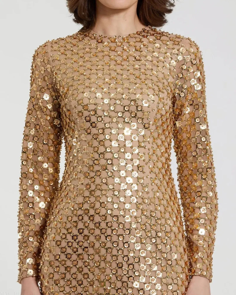 Gold Beaded Georgette Long Sleeve Fitted Midi Dress by Mac Duggal in gold color for women Worldwide