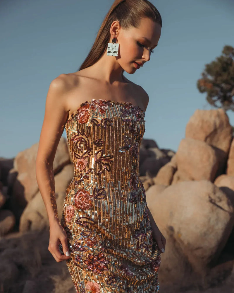Gold Floral Embellished Strapless Column Dress mul by Mac Duggal in multi color for women Worldwide
