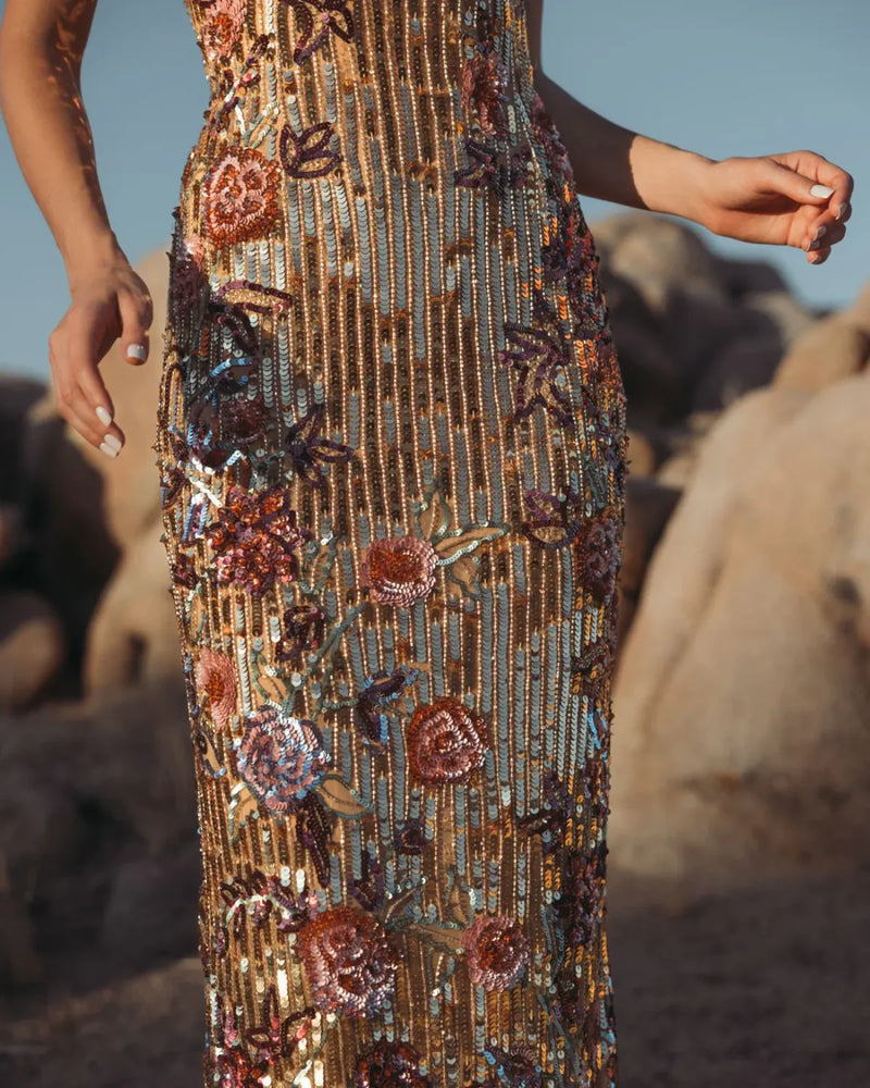 Gold Floral Embellished Strapless Column Dress mul by Mac Duggal in multi color for women Worldwide