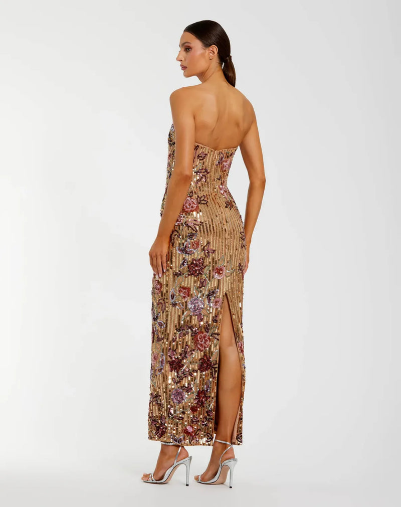 Gold Floral Embellished Strapless Column Dress mul by Mac Duggal in multi color for women Worldwide