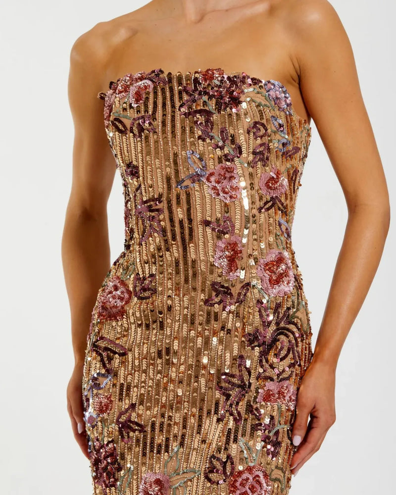 Gold Floral Embellished Strapless Column Dress mul by Mac Duggal in multi color for women Worldwide