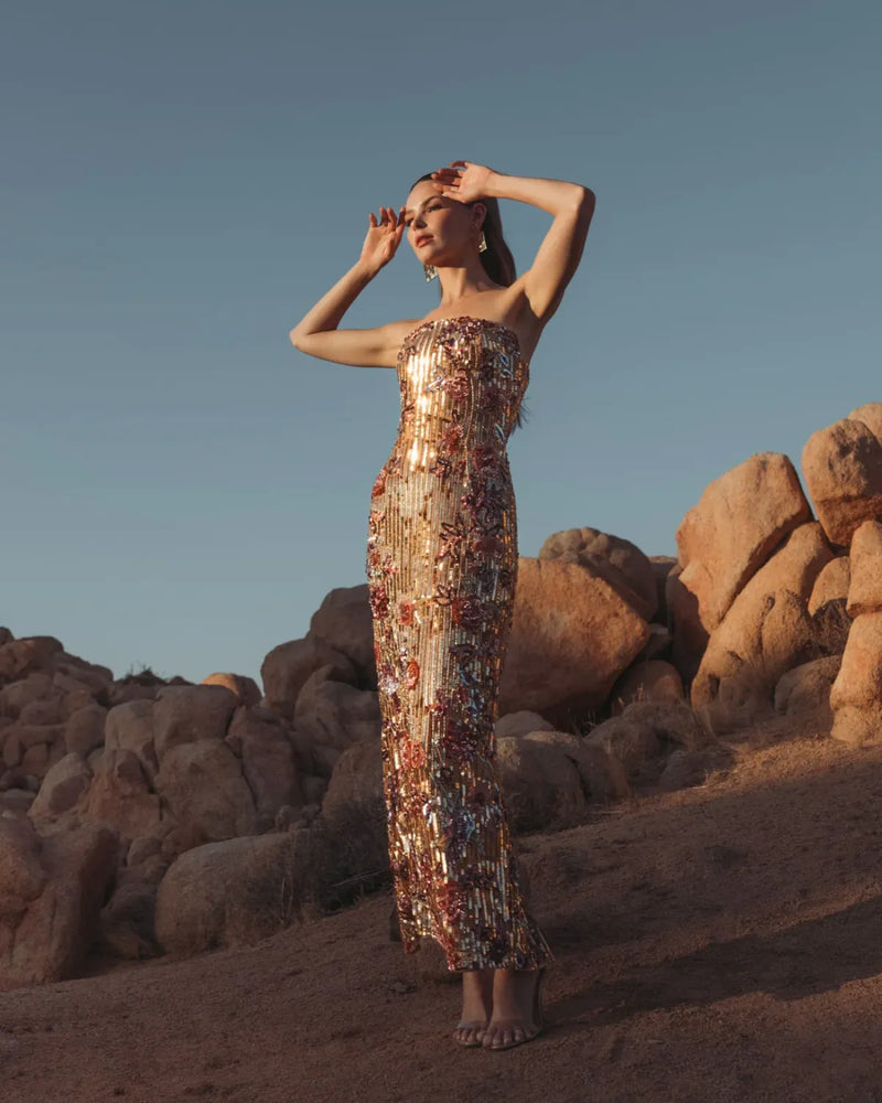 Gold Floral Embellished Strapless Column Dress mul by Mac Duggal in multi color for women Worldwide