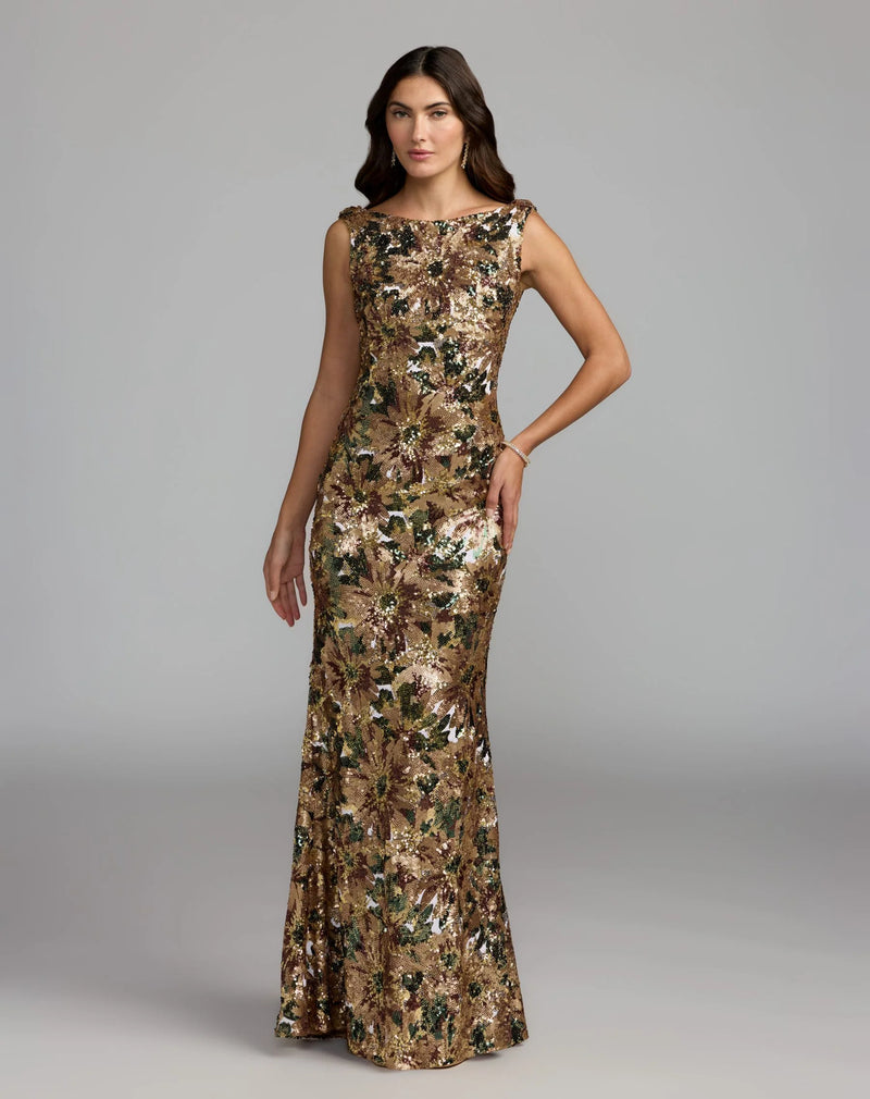 21392-Gold Floral Sequin Cowl Back Trumpet Gown polyester evening-gowns by Mac Duggal in multi-color for women Worldwide