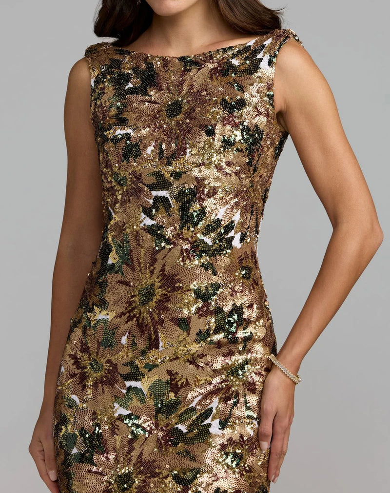21392-Gold Floral Sequin Cowl Back Trumpet Gown polyester evening-gowns by Mac Duggal in multi-color for women Worldwide