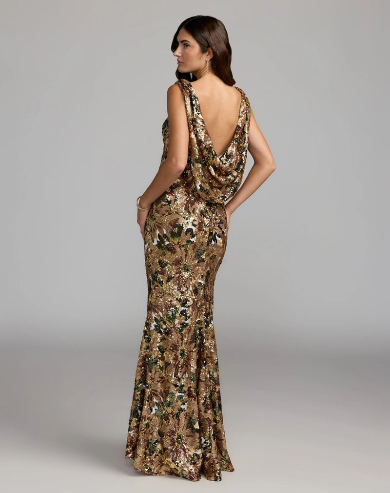 21392-Gold Floral Sequin Cowl Back Trumpet Gown polyester evening-gowns by Mac Duggal in multi-color for women Worldwide