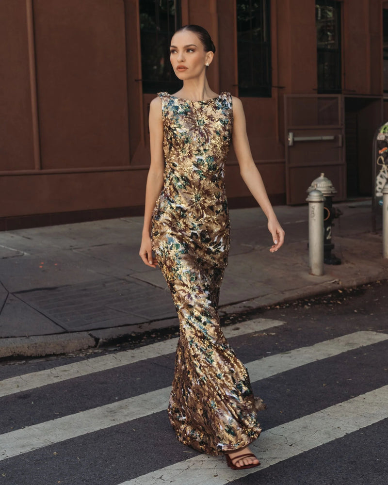 21392-Gold Floral Sequin Cowl Back Trumpet Gown polyester evening-gowns by Mac Duggal in multi-color for women Worldwide