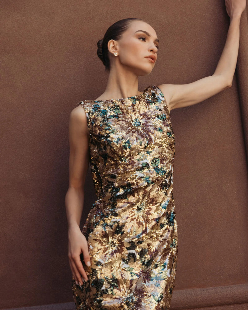 21392-Gold Floral Sequin Cowl Back Trumpet Gown polyester evening-gowns by Mac Duggal in multi-color for women Worldwide