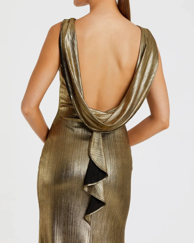 Gold Metallic Jersey Cowl Back Column Gown by Mac Duggal in gold color for women Worldwide