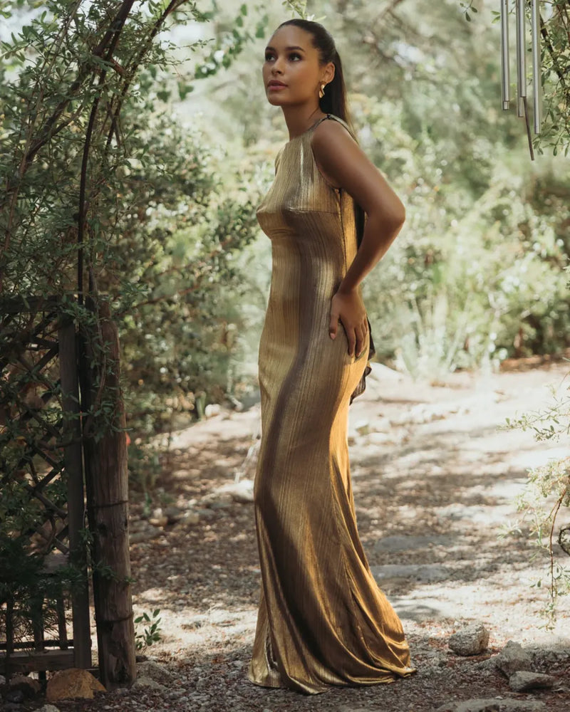Gold Metallic Jersey Cowl Back Column Gown by Mac Duggal in gold color for women Worldwide