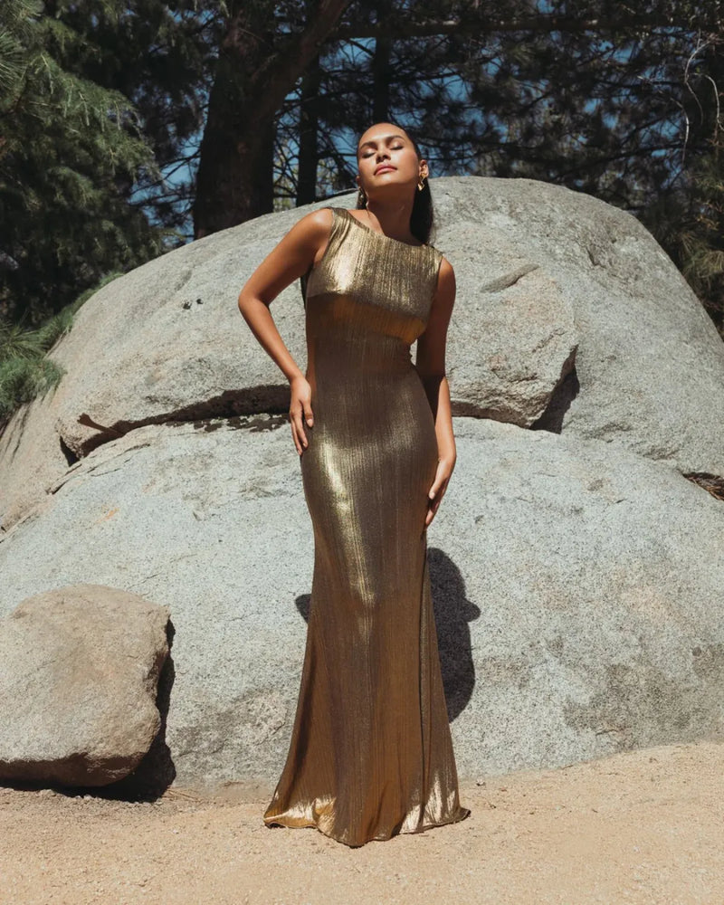 Gold Metallic Jersey Cowl Back Column Gown by Mac Duggal in gold color for women Worldwide