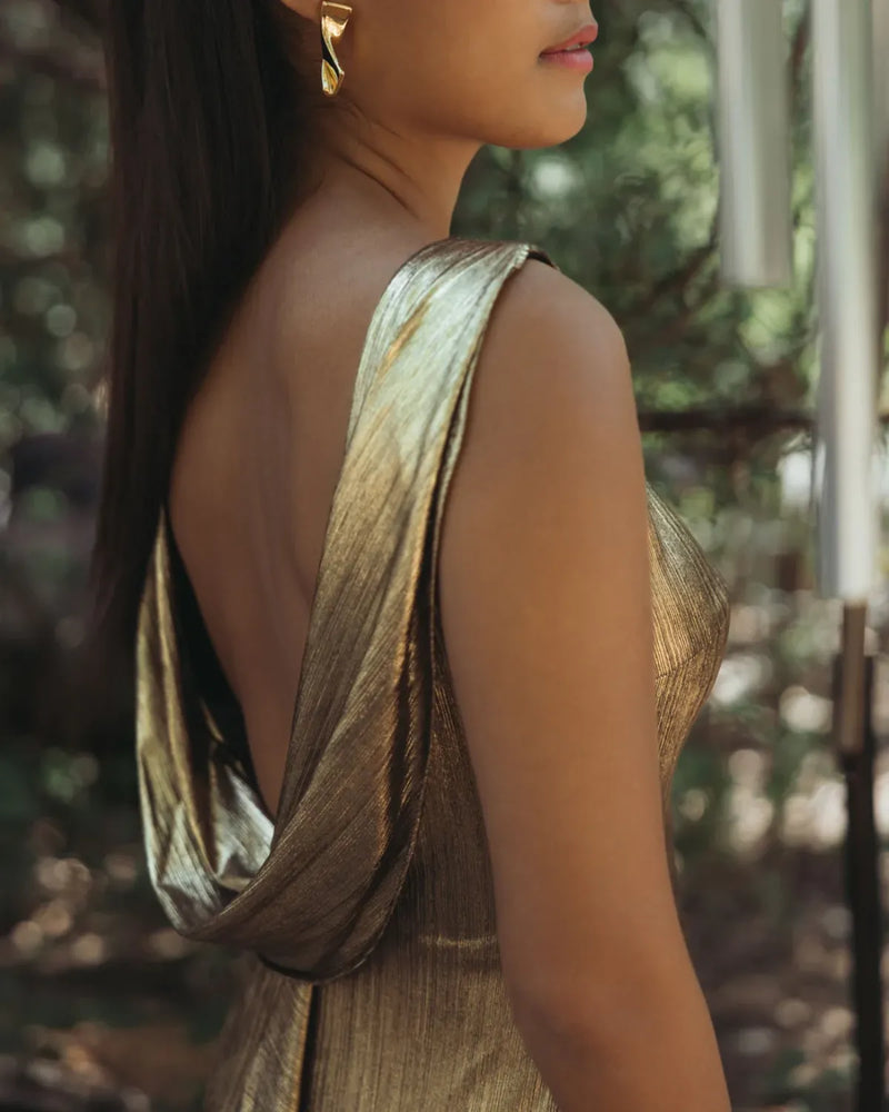Gold Metallic Jersey Cowl Back Column Gown by Mac Duggal in gold color for women Worldwide