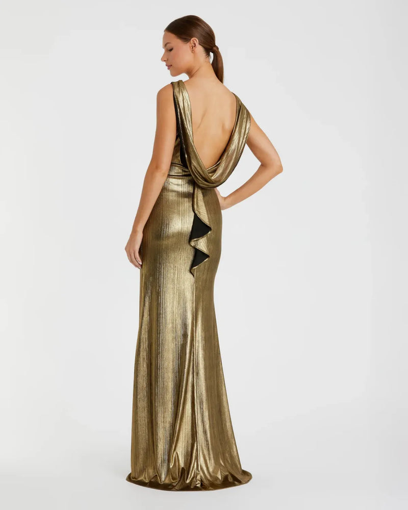 Gold Metallic Jersey Cowl Back Column Gown by Mac Duggal in gold color for women Worldwide