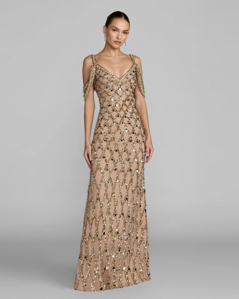 10139-Gold Sequin Embellished V-Neck Gown polyester evening-gowns by Mac Duggal in yellow for women Worldwide