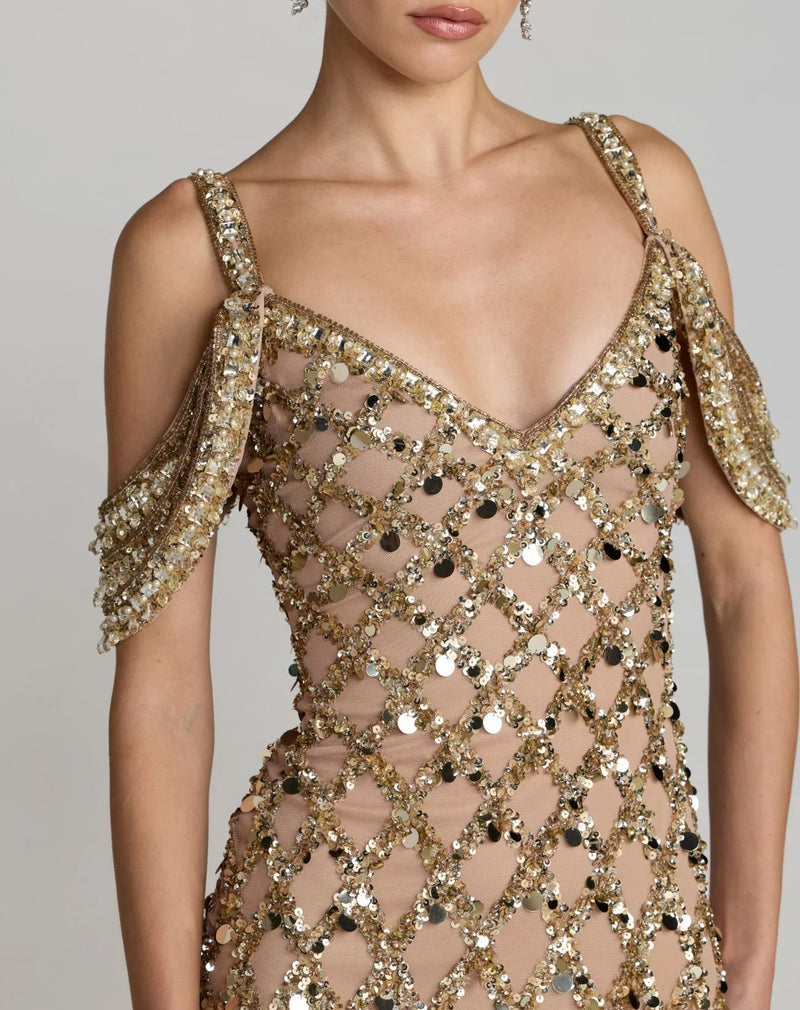 10139-Gold Sequin Embellished V-Neck Gown polyester evening-gowns by Mac Duggal in yellow for women Worldwide
