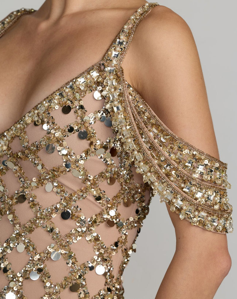 10139-Gold Sequin Embellished V-Neck Gown polyester evening-gowns by Mac Duggal in yellow for women Worldwide