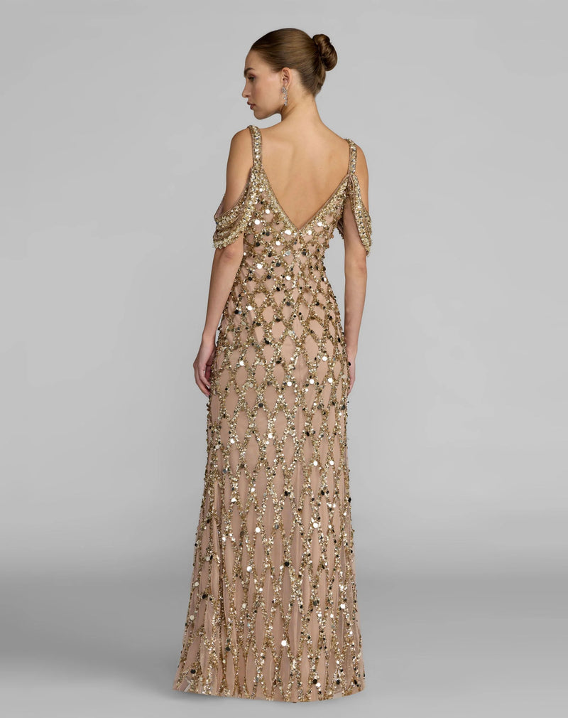 10139-Gold Sequin Embellished V-Neck Gown polyester evening-gowns by Mac Duggal in yellow for women Worldwide