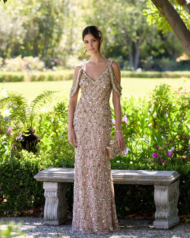 10139-Gold Sequin Embellished V-Neck Gown polyester evening-gowns by Mac Duggal in yellow for women Worldwide