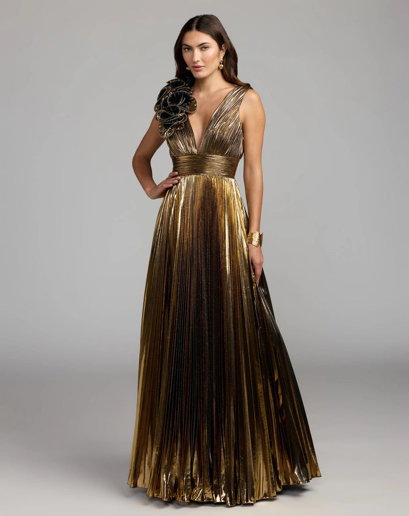 50212-Gold Sleeveless Metallic V-Neck Gown With Ruffle Detail polyester evening-gowns by Mac Duggal in yellow for women Worldwide