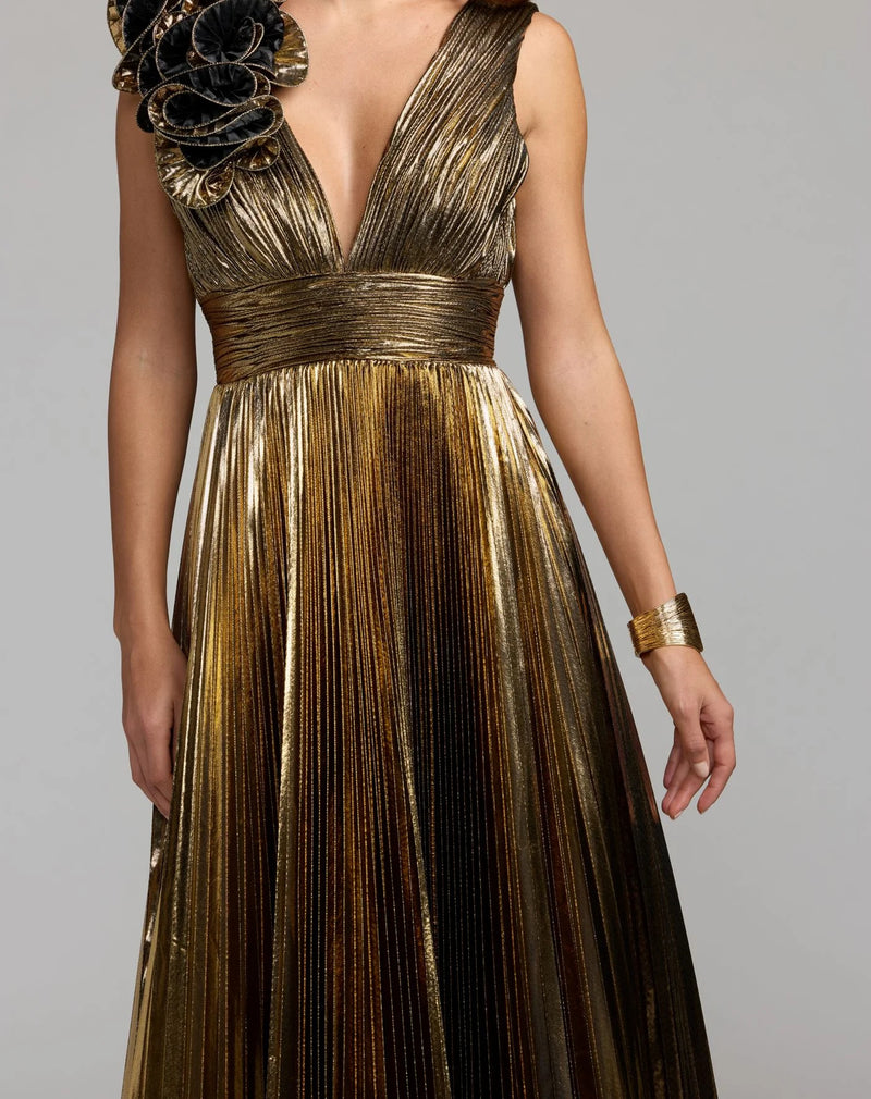 50212-Gold Sleeveless Metallic V-Neck Gown With Ruffle Detail polyester evening-gowns by Mac Duggal in yellow for women Worldwide