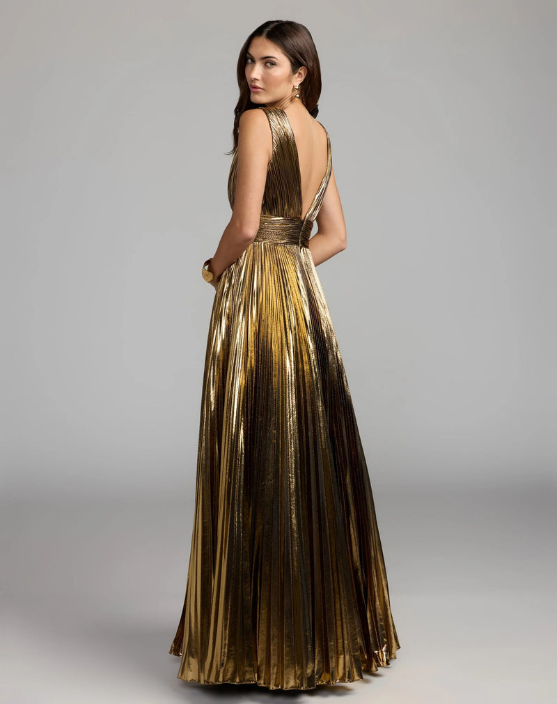 50212-Gold Sleeveless Metallic V-Neck Gown With Ruffle Detail polyester evening-gowns by Mac Duggal in yellow for women Worldwide