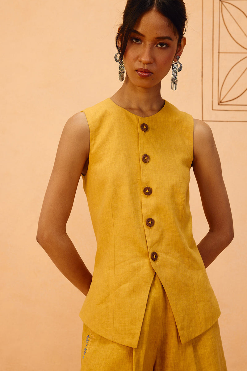 Golden Daydream Linen Waistcoat linen jacket/overlay by SUI in mustard for women Worldwide