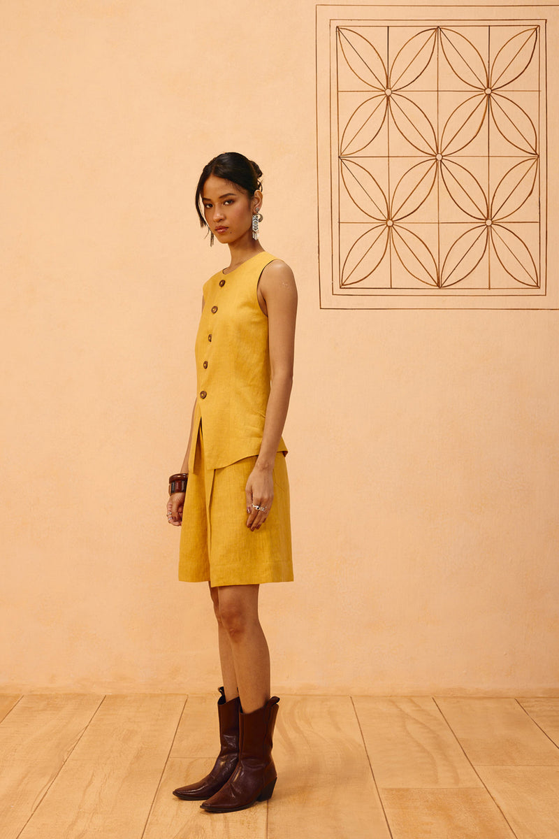 Golden Daydream Linen Waistcoat linen jacket/overlay by SUI in mustard for women Worldwide