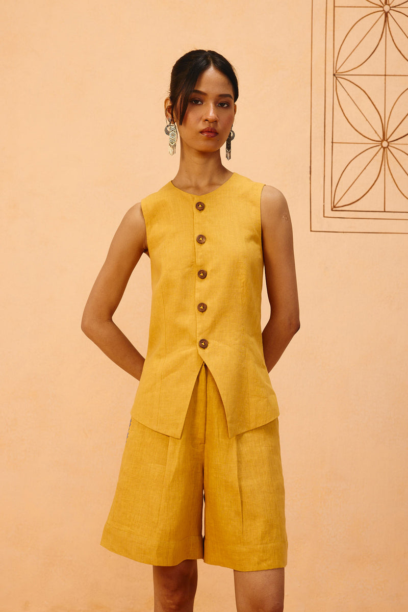 Golden Daydream Linen Waistcoat linen jacket/overlay by SUI in mustard for women Worldwide