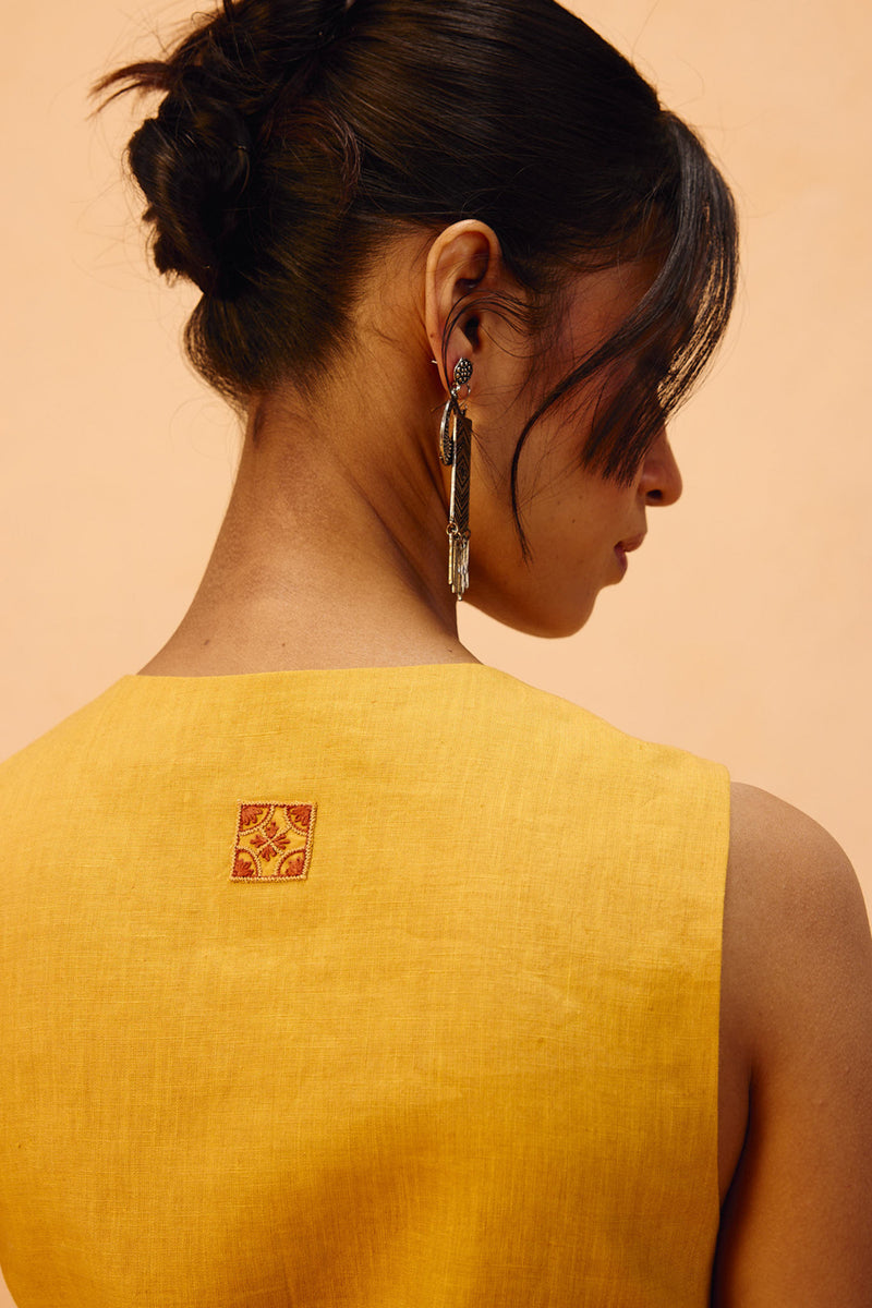 Golden Daydream Linen Waistcoat linen jacket/overlay by SUI in mustard for women Worldwide