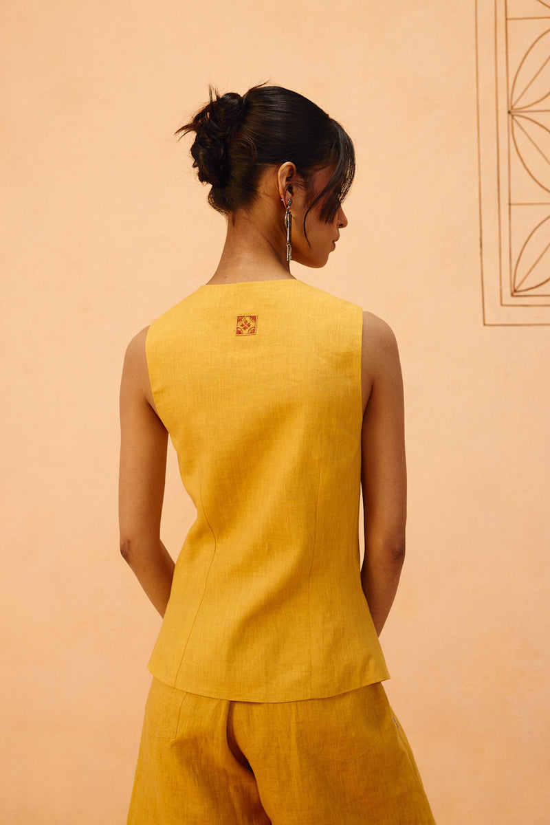 Golden Daydream Linen Waistcoat linen jacket/overlay by SUI in mustard for women Worldwide