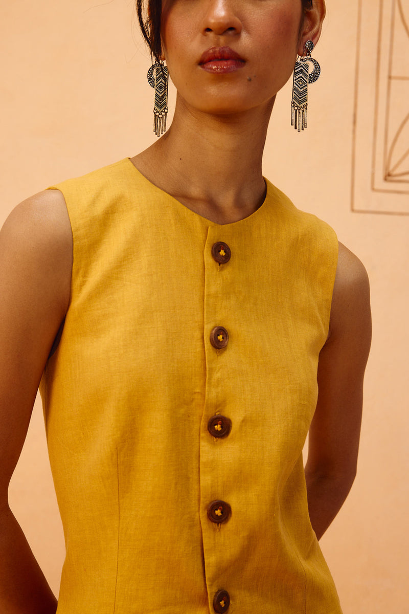 Golden Daydream Linen Waistcoat linen jacket/overlay by SUI in mustard for women Worldwide