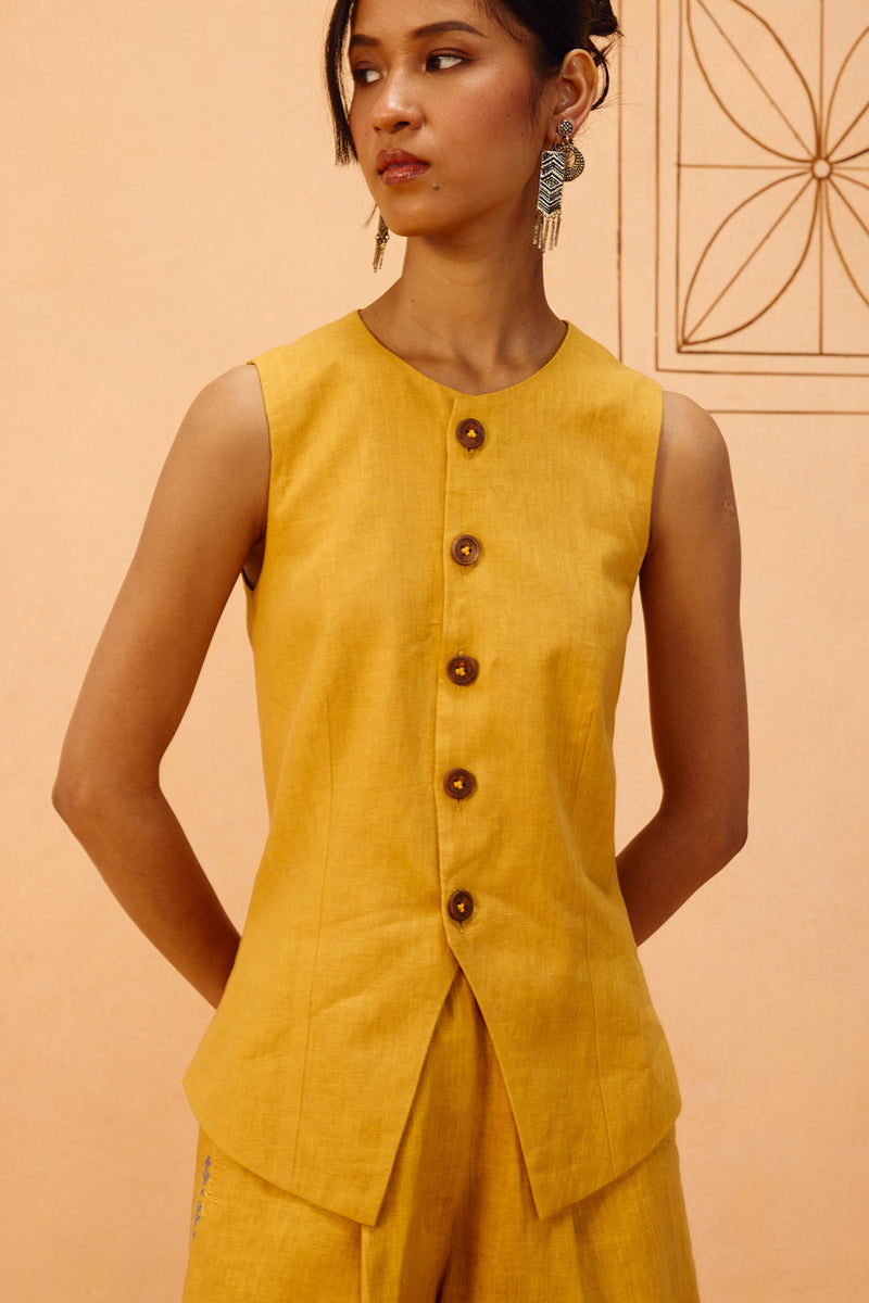 Golden Daydream Linen Waistcoat linen jacket/overlay by SUI in mustard for women Worldwide