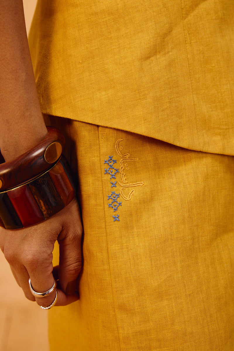 Golden Daydream Linen Waistcoat linen jacket/overlay by SUI in mustard for women Worldwide