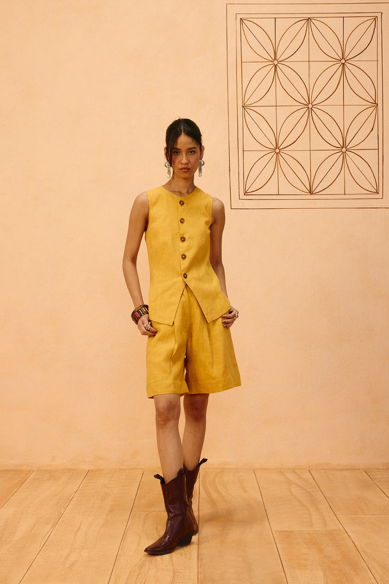 Golden Daydream Linen Waistcoat linen jacket/overlay by SUI in mustard for women Worldwide