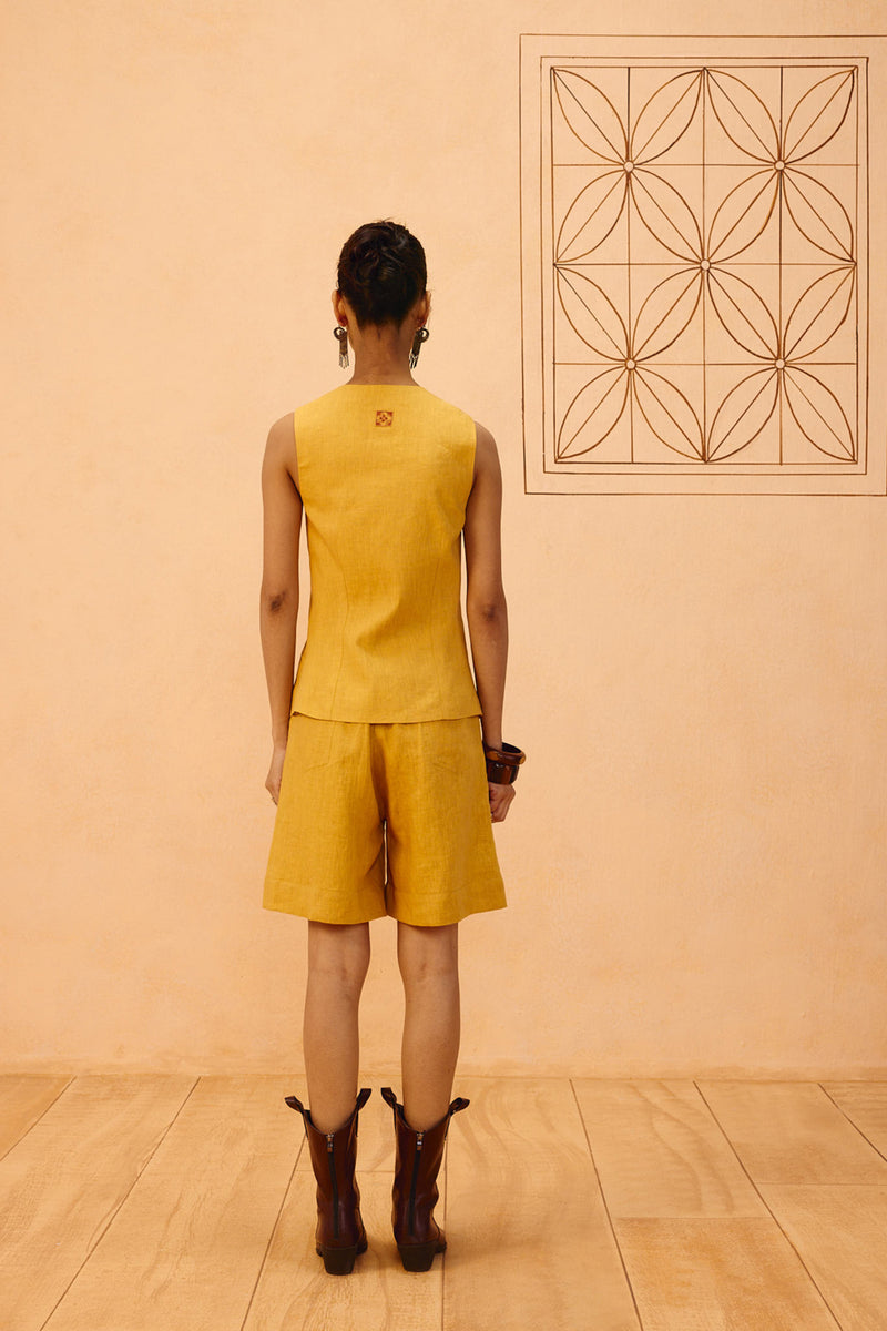 Golden Daydream Linen Waistcoat linen jacket/overlay by SUI in mustard for women Worldwide