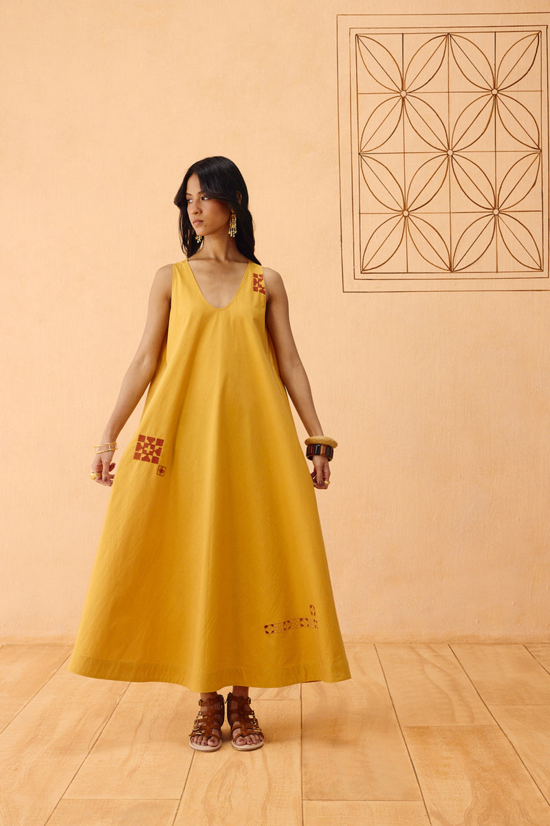 Golden Ghar Organic Cotton Maxi Dress poplin dress by SUI in mustard for women Worldwide