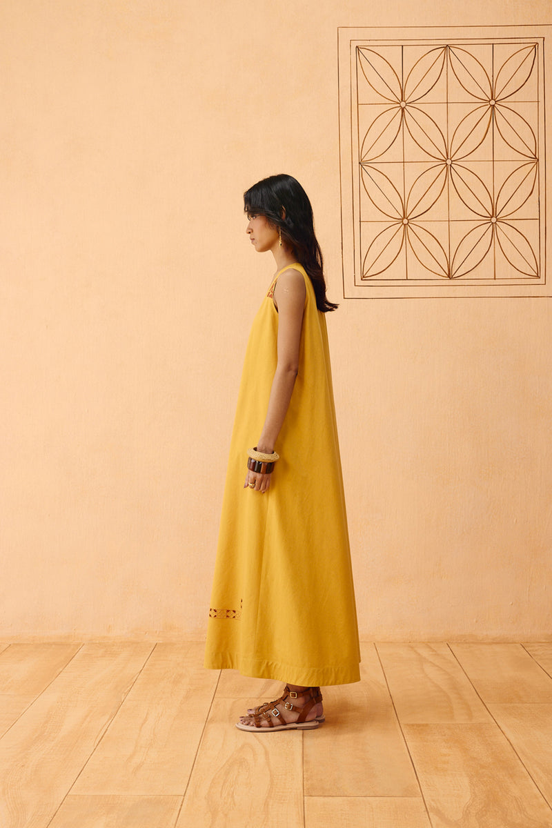 Golden Ghar Organic Cotton Maxi Dress poplin dress by SUI in mustard for women Worldwide
