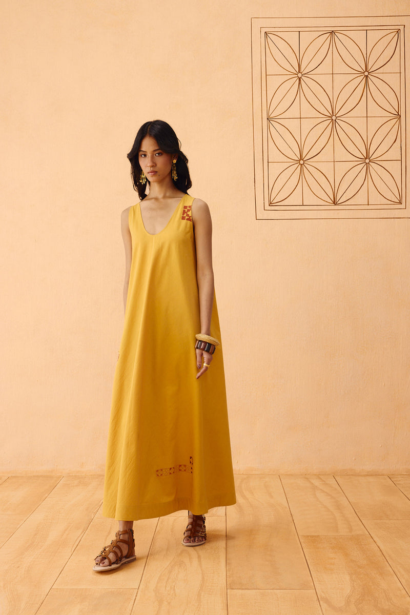 Golden Ghar Organic Cotton Maxi Dress poplin dress by SUI in mustard for women Worldwide