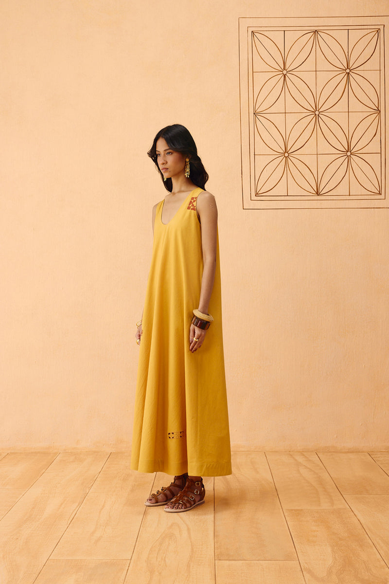 Golden Ghar Organic Cotton Maxi Dress poplin dress by SUI in mustard for women Worldwide