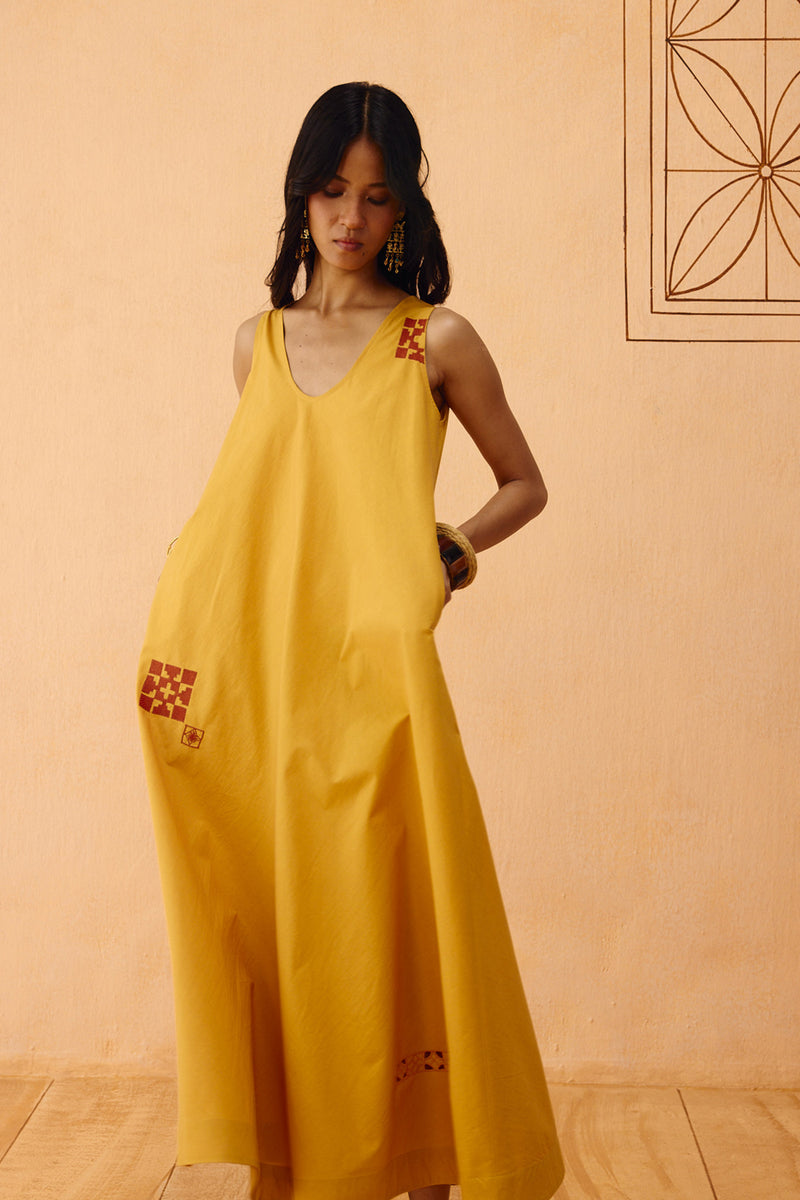 Golden Ghar Organic Cotton Maxi Dress poplin dress by SUI in mustard for women Worldwide