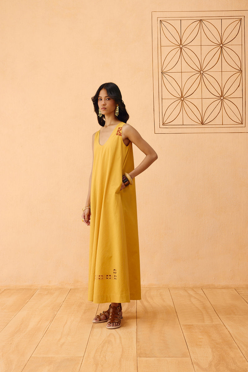 Golden Ghar Organic Cotton Maxi Dress poplin dress by SUI in mustard for women Worldwide