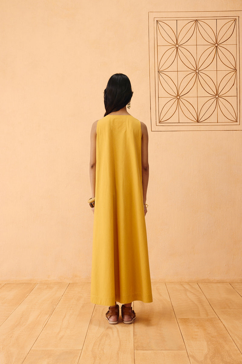 Golden Ghar Organic Cotton Maxi Dress poplin dress by SUI in mustard for women Worldwide