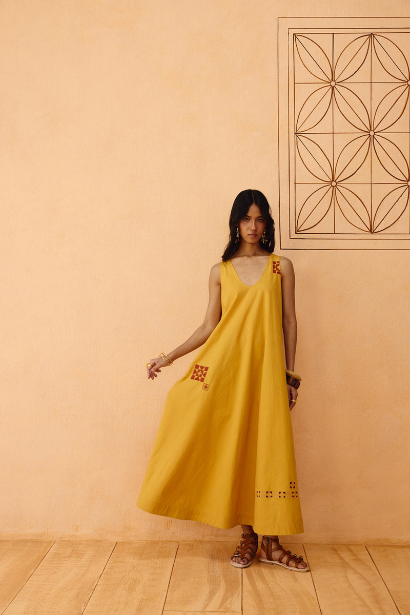 Golden Ghar Organic Cotton Maxi Dress poplin dress by SUI in mustard for women Worldwide