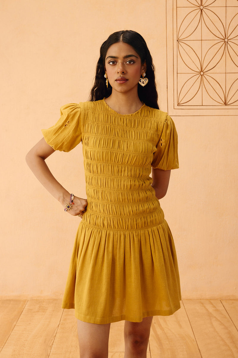 Golden Glow Kala Cotton Dress cotton dress by SUI in mustard for women Worldwide